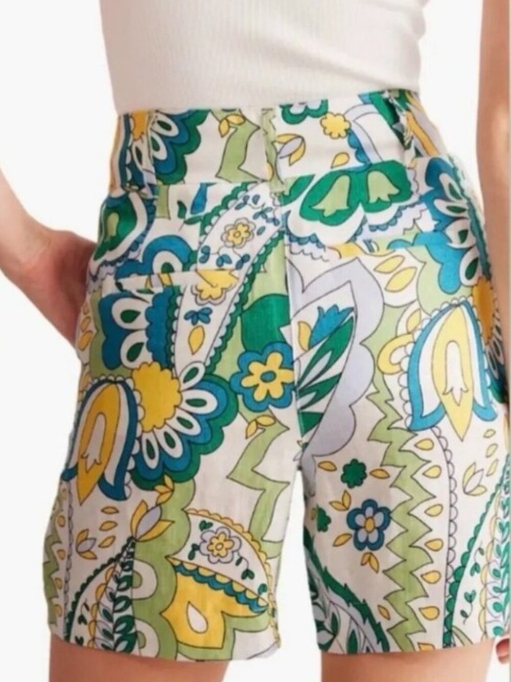Boden Westbourne Linen Shorts Emerald Foliage Paisley Floral Resortwear Size 8 - Picture 2 of 13